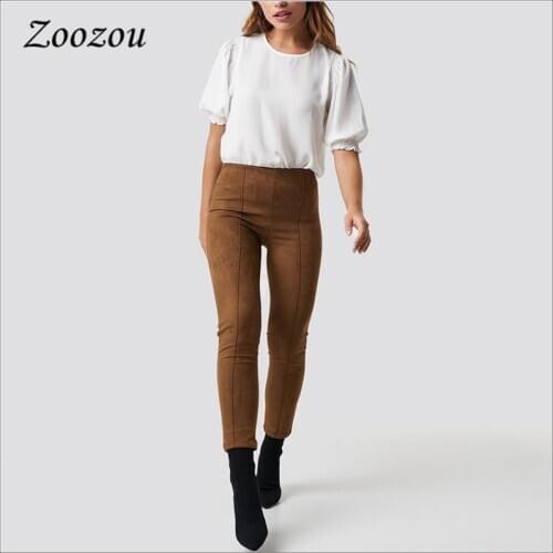 Sexy Skinny Suede Pencil Pants Women Harajuku Elastic Slim Tan Soft Trousers Ladies Faux Suede Casual Stretchy Leggings Custom