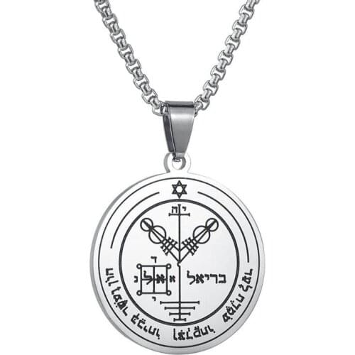 Silver Color Key Of Solomon Mens Necklace Round Pendant Stainless Steel Seals Of The Seven Archangels Woman Men Jewelry