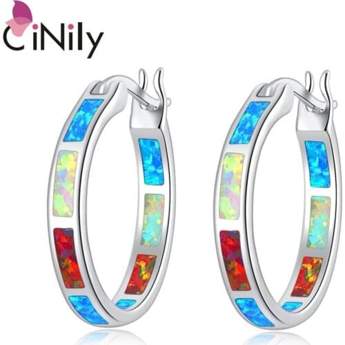 CiNily Rainbow Fire Opal Earrings Silver Plated White Orange Blue Small Round Circle Fashion Summer Jewelry Gift Girl Woman