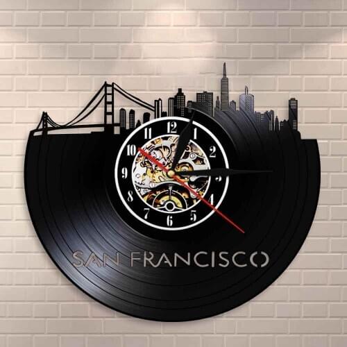 USA S.F. Cityscape Wall Clock San Francisco Skyline Wall Art Clock Golden Gate Bridge Vintage Vinyl Record Clock Travel Landmark