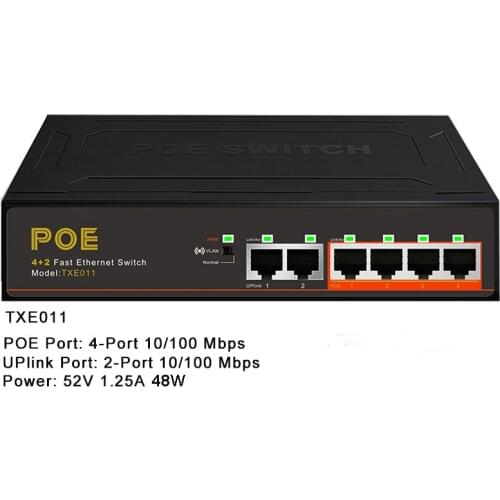 6 Ports POE Switch 52V Bulit-in Power 4 PoE 10Mbps/100Mbps Ethernet Network Switch for IP camera/Wireless AP/CCTV Camera System