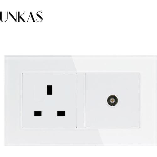 UNKAS Tempered Crystal Glass Panel UK Standard 2 Gang Wall Power 16A Electric Socket Grounded With Female TV Jack Double Outlet