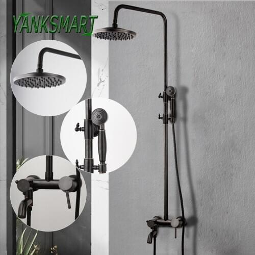 YANKSMART Oil Rubbed Bronze Bathroom Shower Faucet Set Head Handshower Rainfall Shower Faucet Wall Mounted Combo Kit Mixer Tap