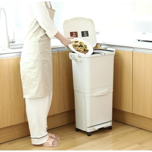 Japanese Pulley Trash Can Dry And Wet Sort Mobile 2 Layer Pedal Trash Bin Kitchen Cubo Basura With Lid Kitchen Storage ED50LT