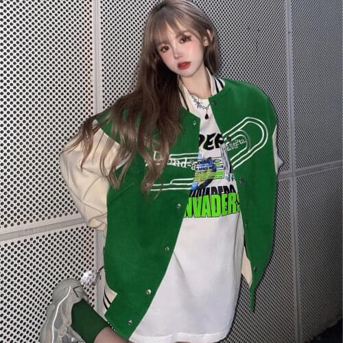 Womens Letter Baseball Jacket Color Block Vintage Harajuku Varsity Jacket 2021 Spring Summer Oversized Coats Streetwear Ins