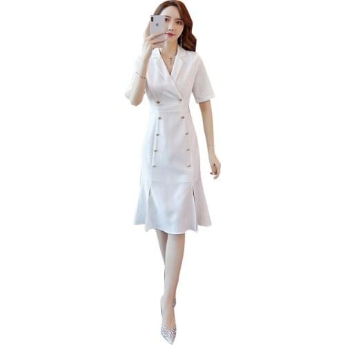 Mujer Summer Dresses Fashion Double-breasted V-neck Middle Waist Womens Retro Dress Female Temperament Fishtail Vestidos Z792