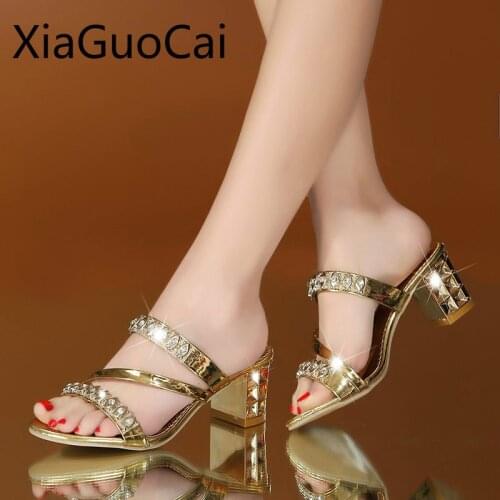 Big Size 41 Thick Heel Slip on Women Platform Slippers Fashion Rhinestone Ladies Sandals Sexy High Heel Women Slides