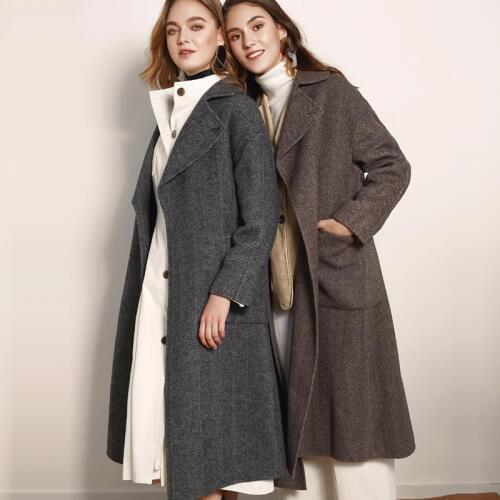 Womens winter coats grey herringbone Double-sided wool cashmere outwear 2019 autumn plus size ladies fashion overcoats long