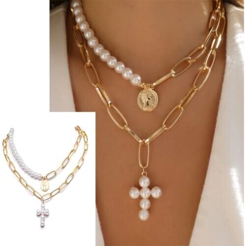 Luxury Design Imitation Pearls Cross Necklace Set Women Gold Color Fashion Coin Choker Necklaces Female Jewelry