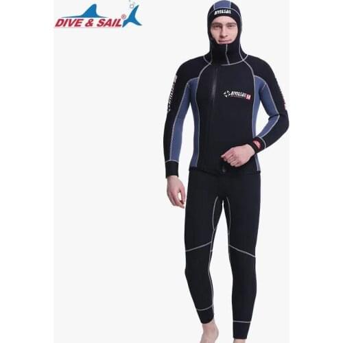 DIVE&SAIL Double Warm Professional 5MM SCR Neoprene 2-pieces Hooded Wetsuit Scuba Diving Suit Zipper Split Spearfishing Wet Suit