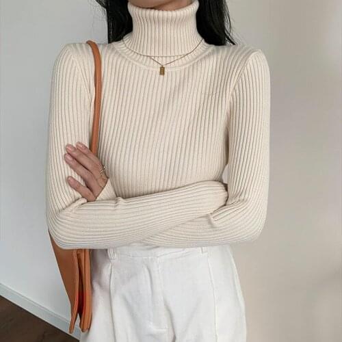 Womens Knitted Pullover Solid Color Slim Long Sleeves Turtleneck Sweater Wholesale Autumn Winter 2021 New Fashion Lady Clothing
