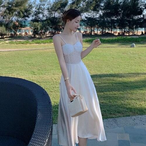 2021 Lace patchwork Satin Temperament Dress Women Summer Sexy Sleeveless Spaghetti Strap Midi Dresses Party
