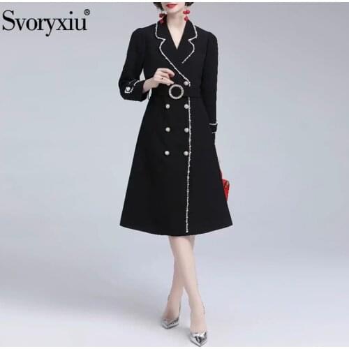 Svoryxiu Fashion Autumn Women Black Windbreaker Coat Long Section Solid Lapel Long Sleeve Sashes Slim Edging Beaded Overcoat