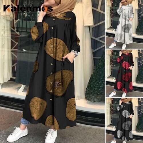 Maxi Dress Women Sexy Muslim Printed Abaya Islamic Clothing Spring Fall Casual Long Sleeve Shirt Vestidos Female Robe Plus Size