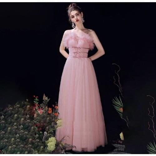 New Strapless Fashion Evening Dress Sleeveless A-Line Empire Simple Floor-Length Pleat Tulle Pink Woman Formal Party Gowns A1371