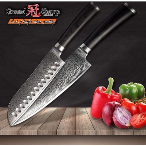 2 Pcs Damascus Kitchen Knife Sets Chef Santoku Knife Knives VG10 Japanese Damascus Steel Kitchen Knife Cooking Tools Grandsharp