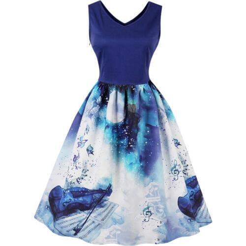 2018 cool Summer Dress Hanging shoulder Sleeveless Elegant Party Dresses Women Retro Cotton Musical Print Vintage Dress