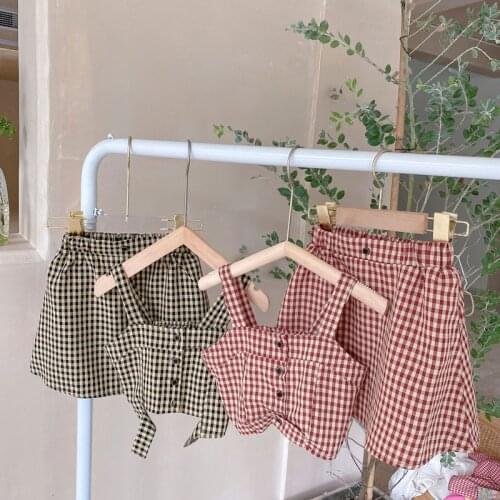 2021 Summer toddler kids girls clothes outfit sets plaid sling short top skirt suit for children girls 1 year baby birthday sets