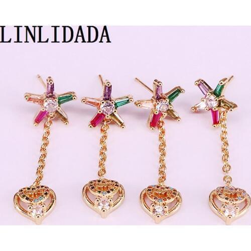 5Pair New Colorful CZ Heart shaped Earrings Gold Color Fashion For Women Girls Jewelry Rainbow Zirconia Dangle Earrings