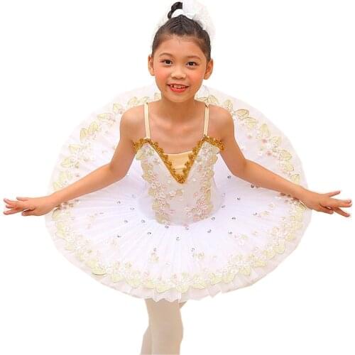 Ballet Dress For Girls Childrens Dance Costumes White Swan Tutu Latin Skirt Performance Dress Floral Embroidered Crystal