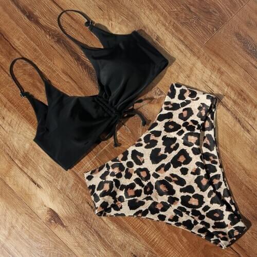 High Waist Bikini 2021 Leopard Bikini Women Bandage Push Up Swimsuit Women Plant Bikini Solid Biquini Summer Swim Beachwear