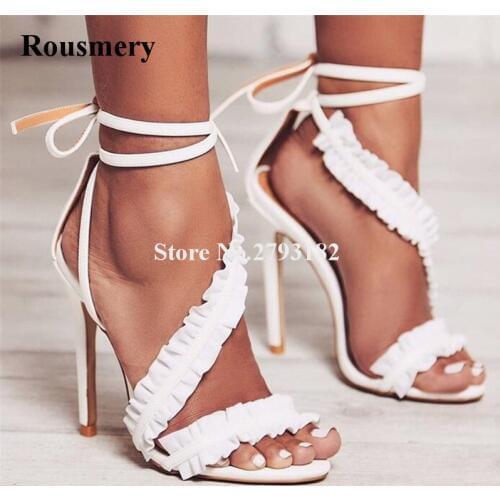 Summer New Fashion Women Open Toe Suede Leather Flounce Gladiator Sandals Cut-out Ankle Strap High Heel Sandals Dress Shoes