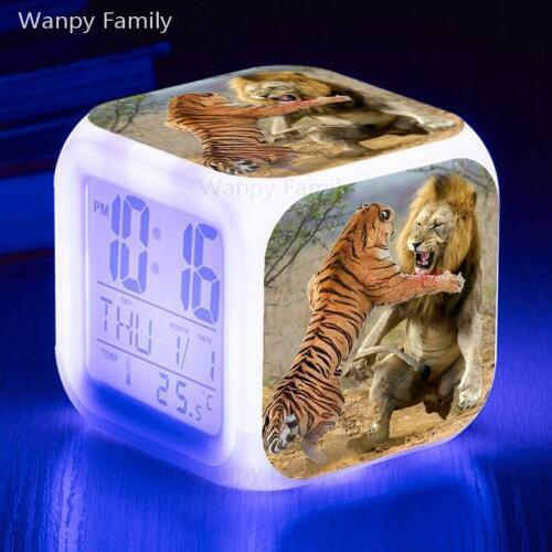 Lion Tiger LED Alarm Clock 7 Color Large Screen Multifunction Touch Sensitive Digital Alarm Clock Birthday Gifts for Children