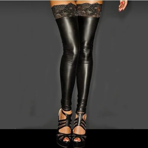 Patent Leather Stockings Women Exotic Underwear Black Lace Splicing Long Stocks Over Knee Thigh High Stockings Medias De Mujer