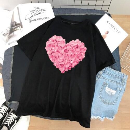 FIXSYS Pink Heart Flower Print Women Black Tshirt Summer New Fashion T Shirt 90s Lady Yong Girl Casual Tops Valentines Day Gift