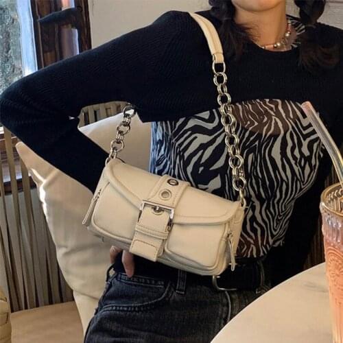 Personality All-match Underarm Shoulder Bag Women Punk Metal Ring Chain Double Pocket PU Leather Purses and Handbags Armpit Bag