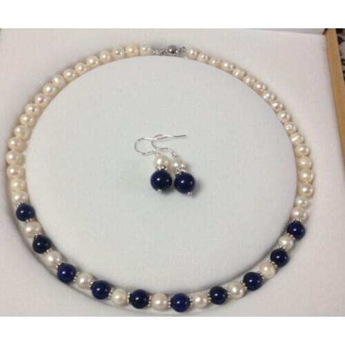 -hot7-8mm White Akoya Cultured Pearl/Lapis Lazuli necklace earrings set n05 new