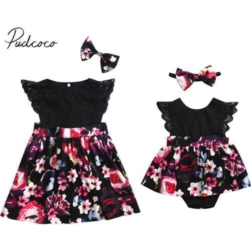 2018 Brand New Newborn Baby Girls Sister Family Matching Sets Lace Ruffled Sleeveless Floral Print Romper/Dress +Headband 2PCS