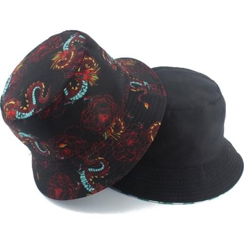Korean Fashion Harajuku Hat Reversible Bucket Hats Men Dragon Print Hip Hop Caps Women Fishing Fisherman Hat