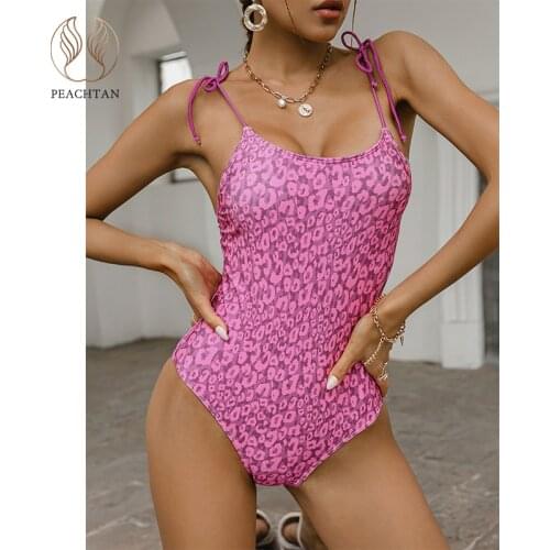 Peachtan Pink print swimwear female Bandeau one piece swimsuit women String knot bodysuit Backless monokini Sexy bathing suit