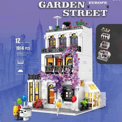 Garden Street Street View Building Blocks Creator Moc Modular Bricks European Town With Light Book Shop Bricks 3D Model Toy Gift