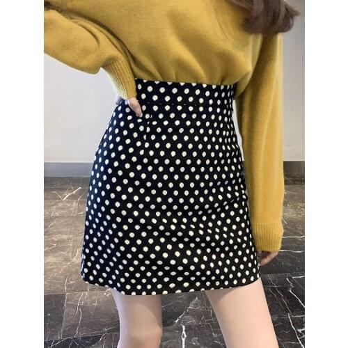 2020 autumn and winter new high-waisted a-line skirt bag hip wave dot skirt