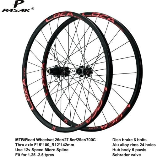 Pasak New Coming MTB Road Wheelset 12v Micro Spline 26 27.5 29er 700c Thru Axle F15X100 R12X142 Disc Brake 6 Bolts 24 Holes