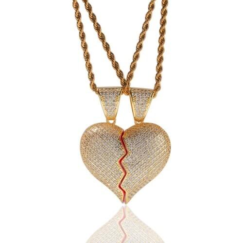 Couple Necklace - Hip-hop Two Halves Heartbroken Combination Pendant Copper-inlaid Zircon Broken Couple Necklace Chain