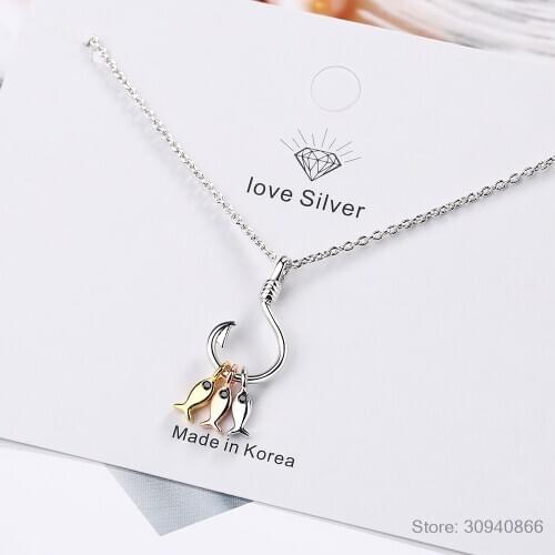 925 Sterling Silver Necklace For Women Cute Fish and Fish Hook Necklace Chain Jewelry Colar de Prata S-N376
