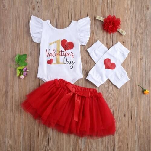Baby Girls Valentines Day Clothes Sets Newborn Babies Letter Printed Bodysuit Tops+Tutu Skirt+Headband+Leg Warmers Outfits Suit