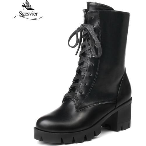 Sgesvier Women Winter Lace Up Chunky Heel 2018 Ankle Boots Ladies Zip Fashion Platform High Heels Shoes Female Martin Boots