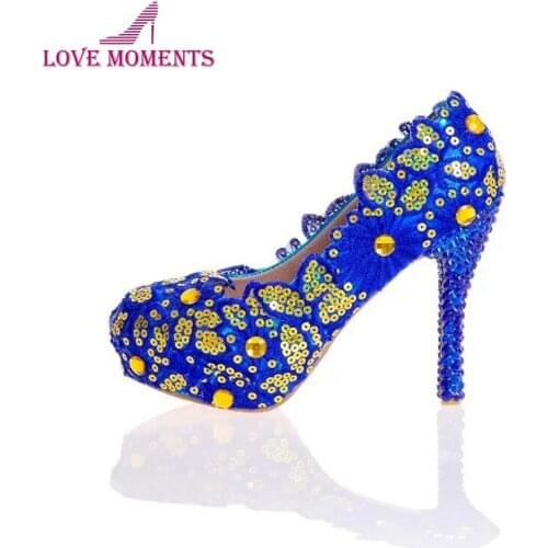 Blue Lace Flower Shoes Glitter Wedding Shoes Blue Rhinestone High Heel Bridal Shoes Handmade Lady Formal Dress Shoes Plus Size
