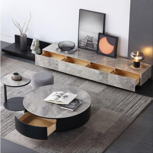 Light luxury wind rock board solid wood TV cabinet living room table marble table round tea table