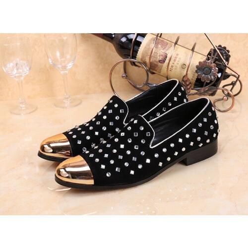 Fashion Men Genuine Leather Crystal Bling Metal Pointed Toe Casual Loafers Shoes For Wedding Office Dress Oxford Shoes Zapatos