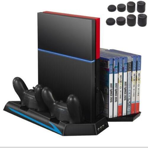 PS4 Vertical Stand Cooling Fan Dual Charging Station with 14 Slot Game Disc Storage 3 HUB Ports For PlayStation 4 V1 Showcase
