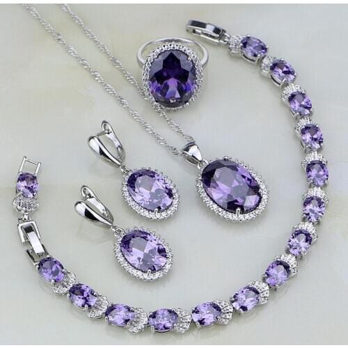 925 Sterling Silver Jewelry Sets Purple Cubic Zirconia White Zircon For Women Wedding Earrings/Pendant/Necklace/Bracelet/Ring