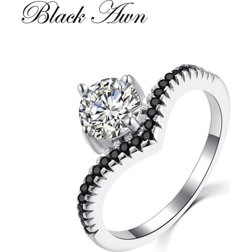 Engagement Rings for Women Genuine 100% 925 Sterling Silver Jewelry Black&White Stone Round Bijoux Bague C222
