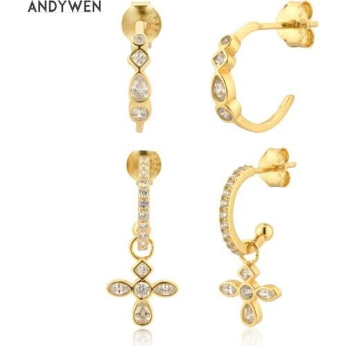 ANDYWEN 925 Sterling Silver Gold Color Circle Hoops Cross Circle Hoop Women Piercing Pendiente Luxury Clear Spring Jewelry