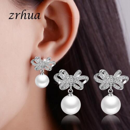 ZRHUA 100% 925 Sterling Silver Elegant Bowknot Drop Earrings With Luxury Pearl Hot Women Birthday Gifts for Wedding Party Bijoux