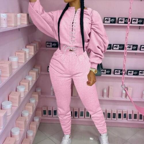 Women Winter Thick Long Sleeve Lace-up Tight Pullover Pants Tracksuit Sportswear